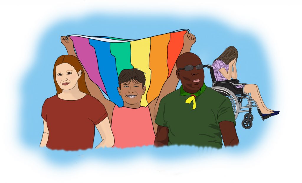 Image showing three people from gender and racial communities standing under  a rainbow flag with a woman in a wheelchair behind with her hands covering her face