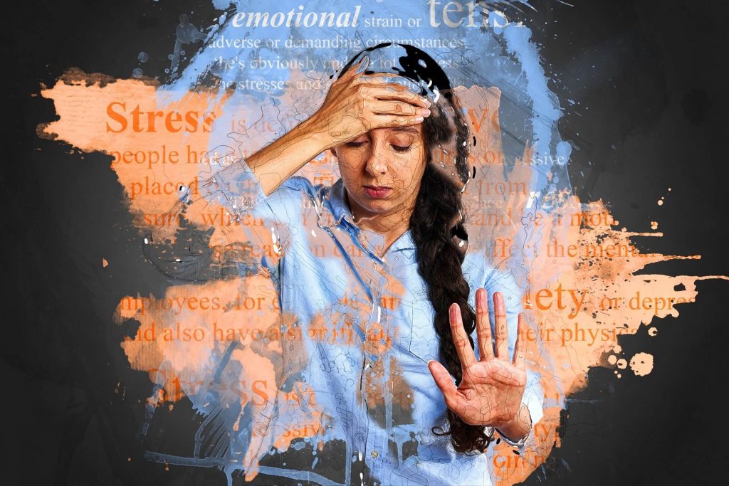 Image showing a lady with one hand on her head, and the other palm forward, looking down, with the words Stress, Emotional Strain, Anxiety as if torn from a dictionary or newspaper imprinted on the image.