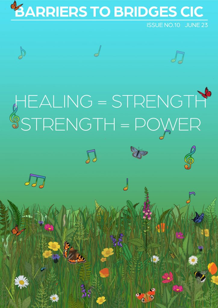 The image shows Barriers to Bridges CIC, Issue No 10, June 23. With the words Healing = Strength. Strength = Power. A background illustration with grass, wildflowers, insects including butterflies and bees, and musical notes and treble clefs.