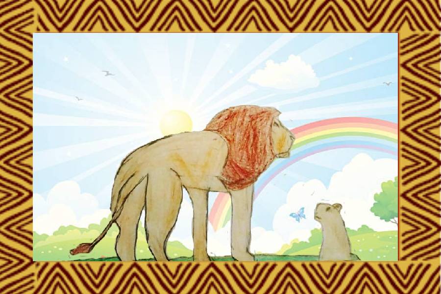 Coloured drawing of a lion and cub looking at a rainbow, with a butterfly and sun in the background. Drawn by Heather's son
