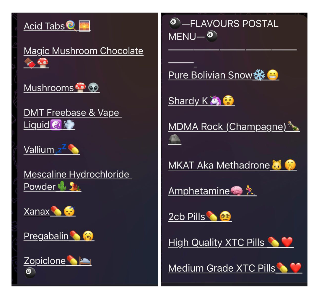 The image shows a screenshot from the Telegram App with a list of available drugs.