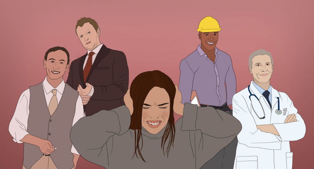 Illustration showing a woman with her hands over her ears, surrounded by men from different occupations (for example a doctor, and builder)